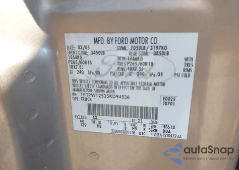 2005 Ford F-150 Lariat/Xlt from USA, damaged, VIN 1FTPW12535KD94536